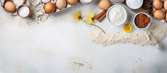 Aufkleber - A top down view of ingredients for baking including flour sugar eggs and more arranged on a light stone table with ample room for text or additional images