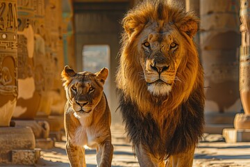 Wall Mural - Lion king and queen lioness in egyptian temple illustration