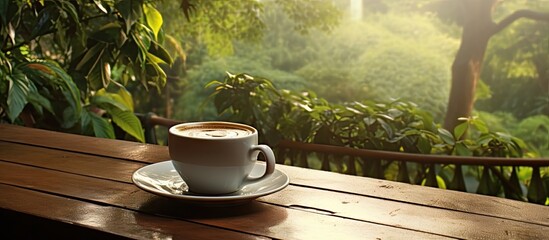Poster - Morning scene at a garden cafe with a cup of coffee placed on a table presenting a serene atmosphere. with copy space image. Place for adding text or design