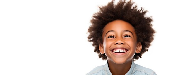 Aufkleber - Cheerful dark skinned boy with a joyful expression isolated on a white background in a photograph with copy space 123 characters