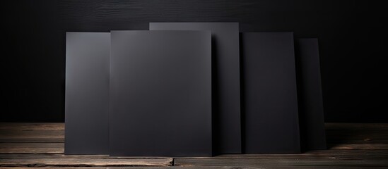 Aufkleber - Black wooden background with a stack of blank paper sheets for a brochure creating a mock up with copy space image