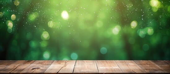 Poster - Image of a rustic wooden board with a vibrant green bokeh background. with copy space image. Place for adding text or design