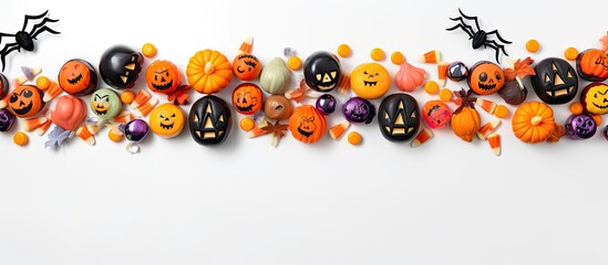 Poster - View from above of a Halloween holiday frame featuring colorful candy bats spiders pumpkins and decorations against a white background in a flat lay composition with ample copy space for images