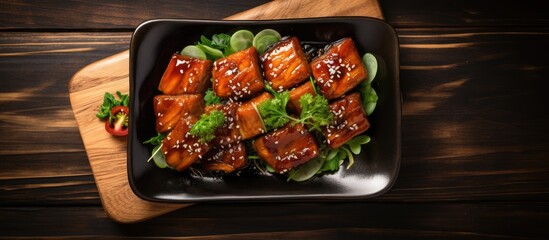 Aufkleber - An Asian inspired dish of pork belly with teriyaki sauce is displayed in a ceramic dish on a wooden table viewed from the top This copy space image showcases the homemade style food concept