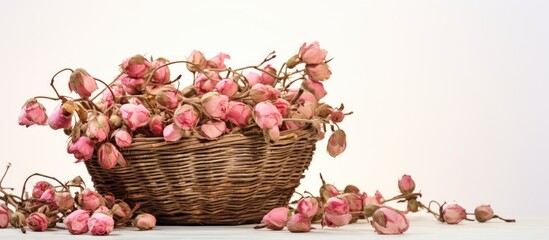 Leinwandbilder - A basket filled with dried wild roses is placed on a clean white surface creating a beautiful copy space image