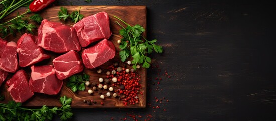 Poster - Top view of raw beef meat cut into cubes accompanied by a bunch of fresh parsley on a wooden cutting board This copy space image is perfect for cooking stews or other meat dishes with a brown dark sto
