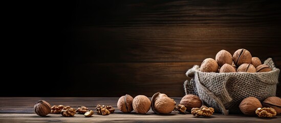 Leinwandbilder - The dark wooden table is adorned with a basket of whole walnuts and scattered nuts around it creating a copy space image It captures the essence of a healthy food concept