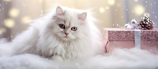 Aufkleber - An adorable and amusing Angora cat with snowy white fur rests on a cozy blanket bed at home The festive copy space image portrays its celebratory spirit for New Year and Christmas with a gift box and