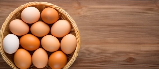 Poster - A top view of raw chicken eggs arranged in a wooden basket set against a wooden background The image provides ample copy space