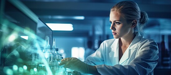 Aufkleber - A female scientist is analyzing a medicine related innovation in a science lab filled with chemical substances equipment and a copy space image