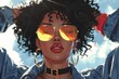 Sunglasses female woman Funky afro character, 70s retro style , cartoon caricature