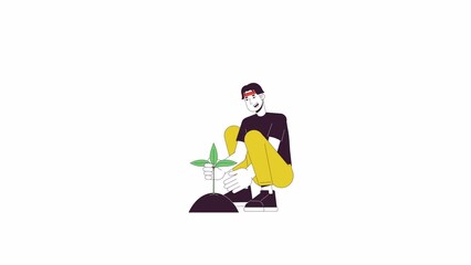 Poster - Asian man planting seedling line 2D character animation. Gardening hobby flat color cartoon 4K video, alpha channel. Korean male taking care of plant animated person on white background