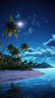 Small tropical island with palm trees, calm ocean water, dark moonlit starry night sky