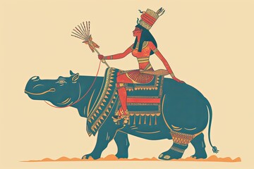 Wall Mural - Egyptian queen riding a hippo vector simple illustration