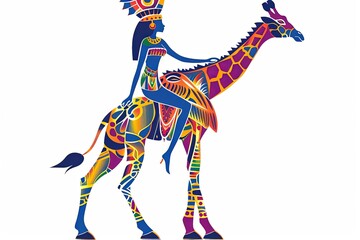 Wall Mural - Egyptian queen riding a Giraffe vector simple illustration