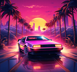 Retro car on beach at sunset. Retro-futuristic landscape with palm trees, auto on highway at rising sun. Vivid retrowave synthwave vaporwave wallpaper for party poster. Electronic retro music cover