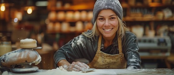 A female carpenter uses an electric sander and sands wood with it