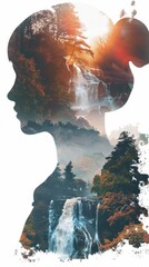 Poster - A womans profile is in focus against a blurred waterfall in the background. The womans silhouette is distinct against the cascading water.