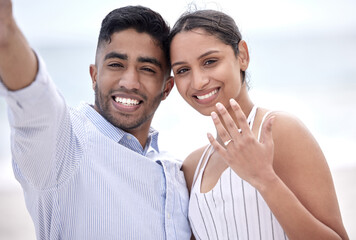 Sticker - Couple, proposal and engagement ring at beach on vacation, holiday and destination for marriage as fiancee in love or romance. Happy woman, man and commitment in Bali for relationship, goals on date