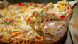 © songpol152 - Slice of hot pizza large cheese lunch or dinner crust seafood meat topping sauce. with bell pepper vegetables delicious tasty fast food italian traditional on wooden board table classic in side view