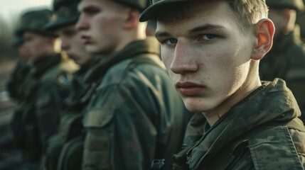 Poster - A group of young men in uniform standing together. Suitable for military, team, or brotherhood concepts