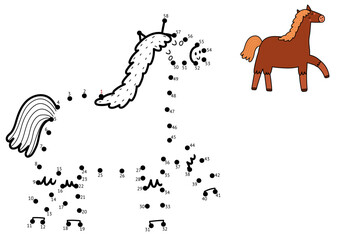 Dot to dot activity page for kids. Connect the dots and draw a cute horse. Farm animal puzzle game. Vector illustration