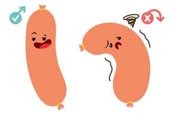 Canvas Print - Cartoon style sausage erectile dysfunction with face emoticon. Prostatitis and Impotence. Sex problem. Cartoon style male gender symbol. Impotence, flaccid soft penis. Infertility, pills for potency.