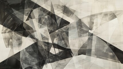 Poster - Geometric shapes overlap in shades of black, white, and gray, creating an abstract pattern.