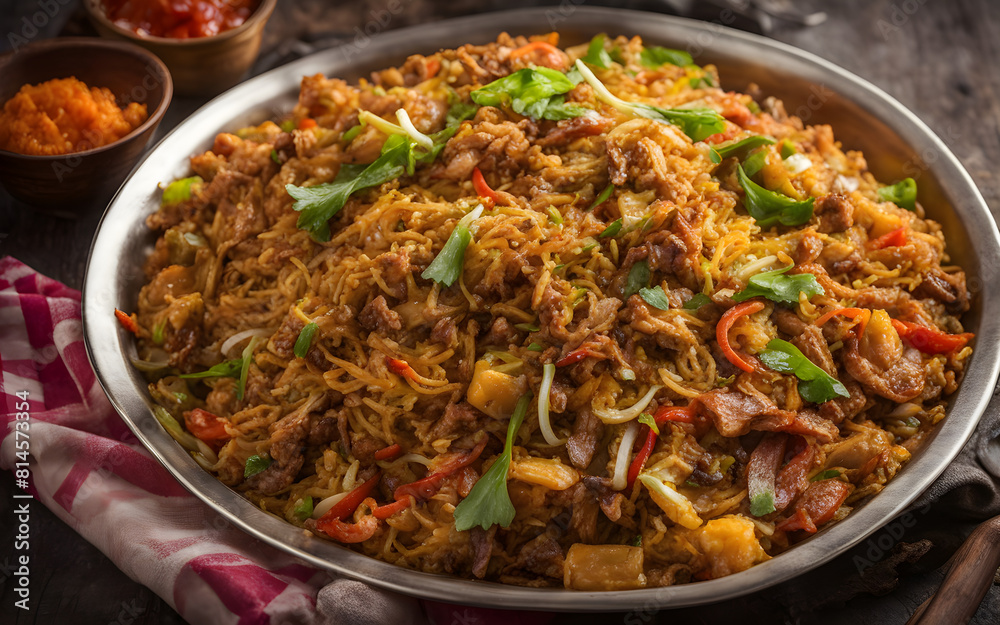 Sri Lankan kottu, chopped roti, vegetables, meat stir-fry, colorful ...
