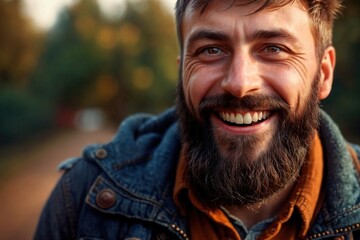 Closeup of hairy bearded man with wierd goofy smile, personality