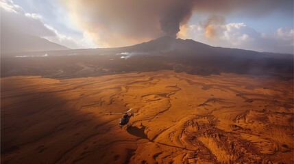 Wall Mural - a shot of the helicopter's shadow on the ground, with the volcano looming in the distance. this woul