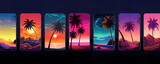 Fototapeta  - Tropical beach landscapes with palm trees, beach, moon on mobile phone screen. Vivid retrowave synthwave vaporwave wallpaper for party poster. Travel concept. Electronic retro music cover