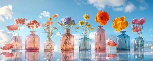 Wall Mural - still life with flowers in glass colored vases, mirror and blue sky