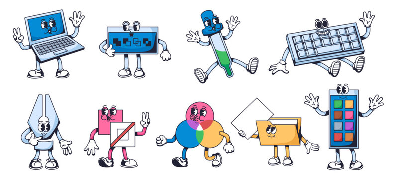 Graphic design mascots. Creative tools for digital artists, laptop computer character, pen and dropper tool, color pallet cartoon vector illustration set