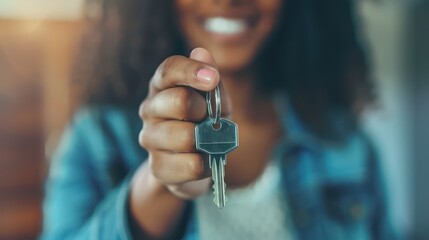 Wall Mural - Closeup image of a woman holding the keys for real estate concept