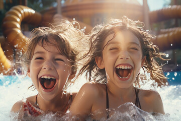 Happy children in the pool, in the water park. Summer holiday, vacation concept	