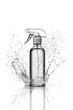 A transparent spray bottle with a white background. Water is splashing around the bottle.