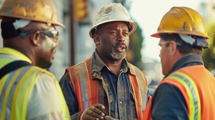 Wall Mural - A captivating photo showcasing construction workers wearing protective gear, exchanging ideas and discussing the next steps of the project.