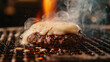 A delicious juicy beef patty is being grilled to perfection on a hot flaming grill