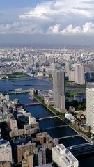 Wall Mural - Urban view in Tokyo Japan skyscrapers and bridges drone vertical video.