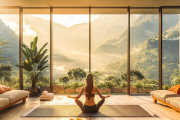 A modern living room with floor-to-ceiling windows showcasing a breathtaking mountain view bathed in the golden light of sunrise. A young Latina woman stretches on a yoga mat in the center of the room