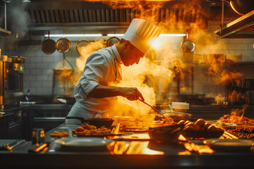 A passionate chef preparing gourmet dishes in a restaurant kitchen at sunset.