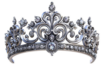 A silver and crystal tiara with a diamond design. The tiara is very ornate and has a lot of detail