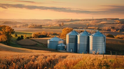 An expansive view of grain silos in the countryside, with the warm glow of the setting sun casting a golden hue over the landscape. 