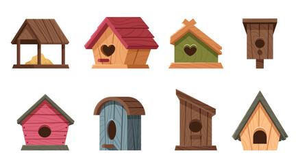 Sticker - Cartoon wooden bird houses. Rustic avian homes with various designs. Hand made bird feeders of various shapes