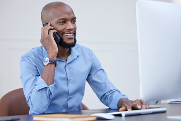 Poster - Black man, office and conversation on phone call with computer for online research, information and ideas in start up company. Project manager, networking and smile for communication for business