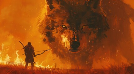 The hunter with the bow faced the huge wolf in the fire grassland. digital art style Illustration drawing