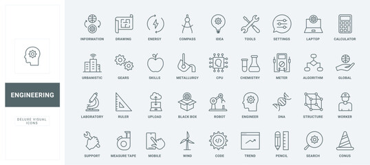 Engineering thin black and red line icons set vector illustration. Outline symbols of engineers tools, global algorithm and settings, support of search, upload and exchange information and ideas