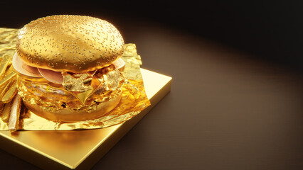 3D rendering - golden classic hamburger and fries on wooden table with copy space