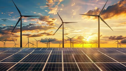 a visually striking image of solar panels and wind turbines against a vibrant sunset, highlighting t